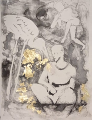 אורית בת צבי הרפז  |  Orit Bat Zvi Harpaz, Monotype print, calligraphic pen, gold leaf on paper, 28 by 20 cm, signed                                                           . Framed, with frame: 	39 by 49 cm