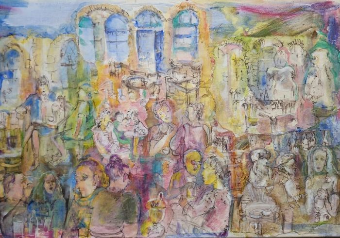 מרים סיגל- דרליך  | Miriam Sigal- Derlich, Collage, ink and acrylic on canvas, 60 by 90 cm