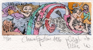 חוה אפשטיין | Chava Epstein, Etching and aquarelle, 4 by 11 cm, Like a snail that returns upon itself, from the quartet "The Heart, Its Demons and Angels"