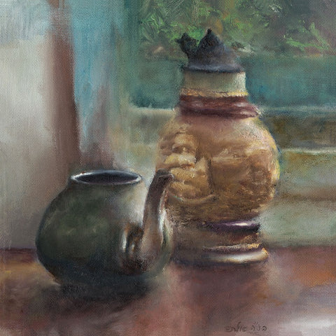 אילת פולק | Ayelet Polak, Kettle and Pot, Oil on canvas, 30 by 30 cm
