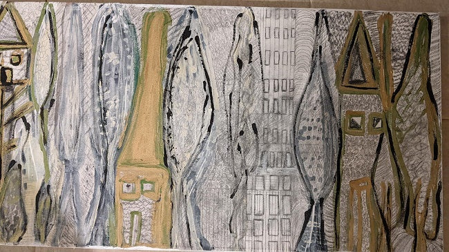 אורנה אוריין | Orna Oryan, Gold paint, acrylic and pencil on canvas, 40 by 80 cm