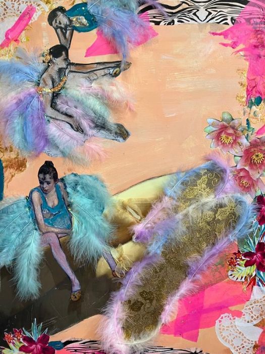 סילבנה שפר | Sylvana Shefer - Collage on canvas, combination of fabrics, acrylic, mixed media 80 by 60 cm