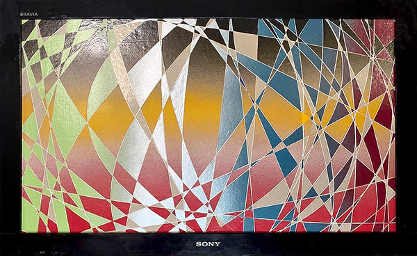 אדוארד אלמשי | Eduard Almashe,Combination of spray paint and varnish on compressed cardboard inside a recycled TV frame, 56 by 91 cm