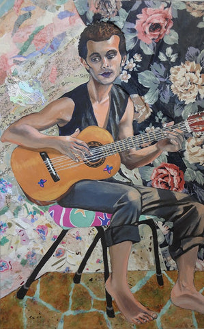 חוה אפשטיין | Chava Epstein, Oil, paper and fabric scraps on canvas, 100 by 60 cm