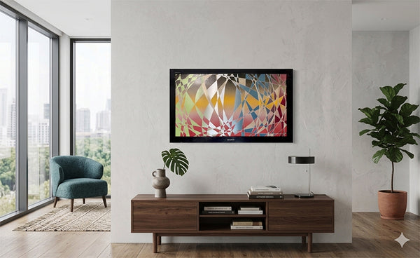 אדוארד אלמשי | Eduard Almashe,Combination of spray paint and varnish on compressed cardboard inside a recycled TV frame, 56 by 91 cm