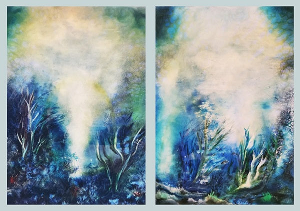 Adi kfir - Yellow Mint Art, Diptych, oil on wood, 70 by 90 cm X2 | ציור מקורי